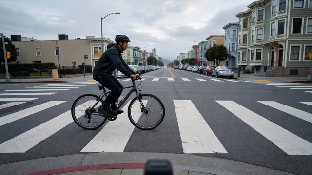 Grok Imagine scene: a cyclist crossing a zebra crosswalk in San Francisco, seen from chest height at the curb